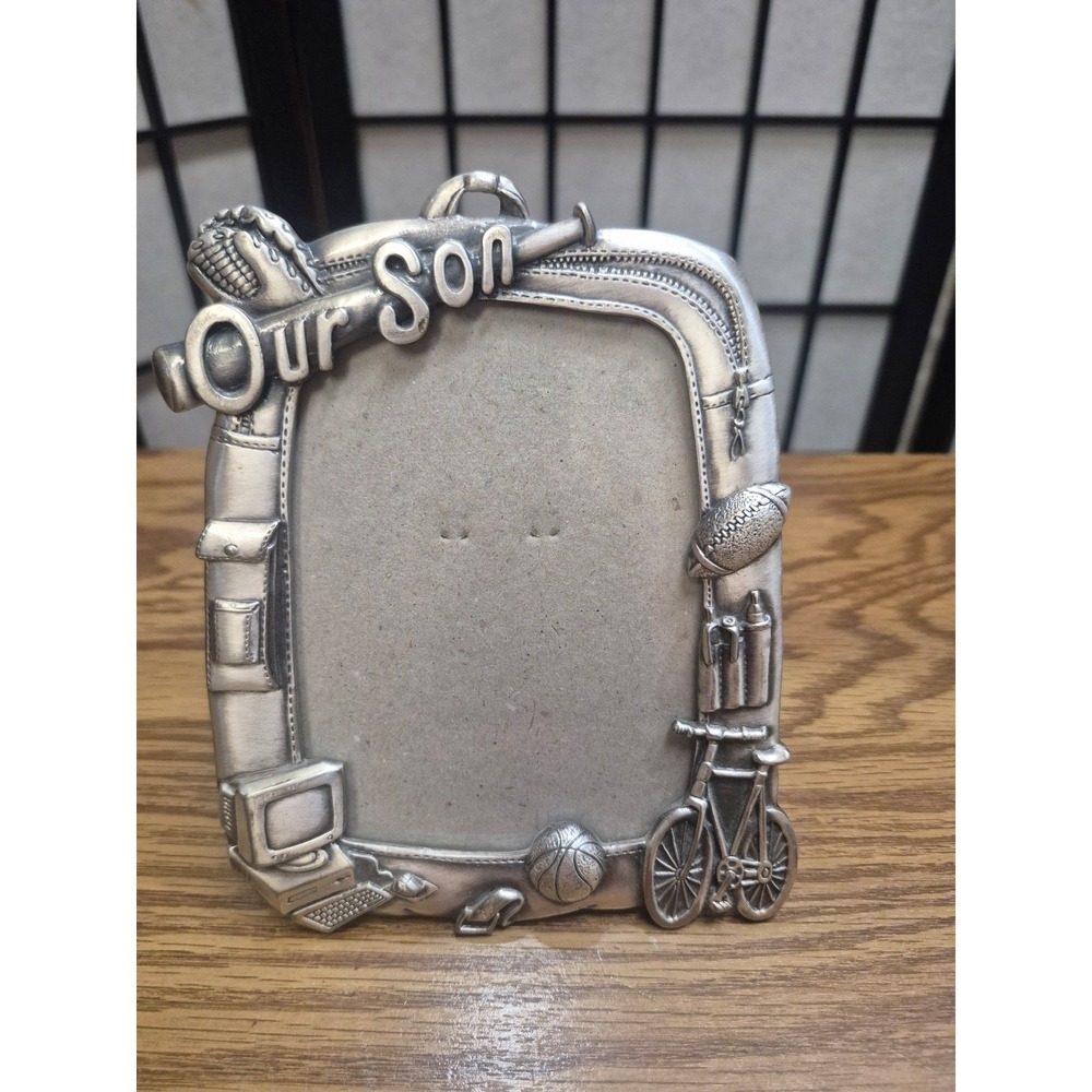 "Our Son" pewter photo frame with base ball bicycle football designs